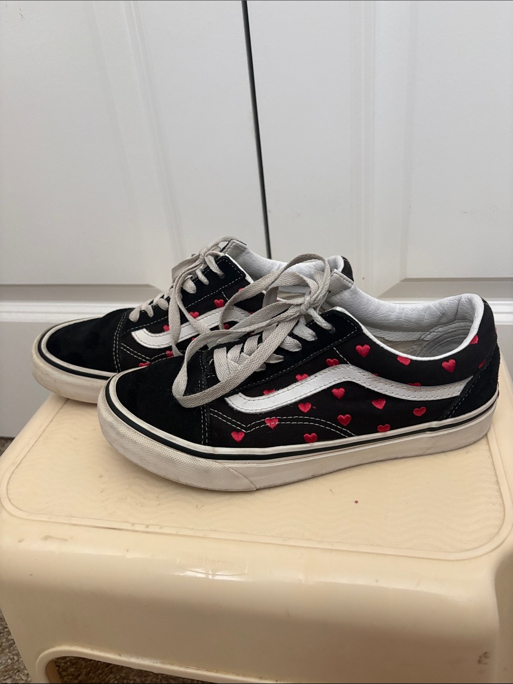 Vans Black Canvas Sneakers with Pink Heart Accents